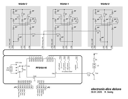 Schaltplan eines elektronischen Würfel-Systems mit PFS154-16 Mikrocontroller