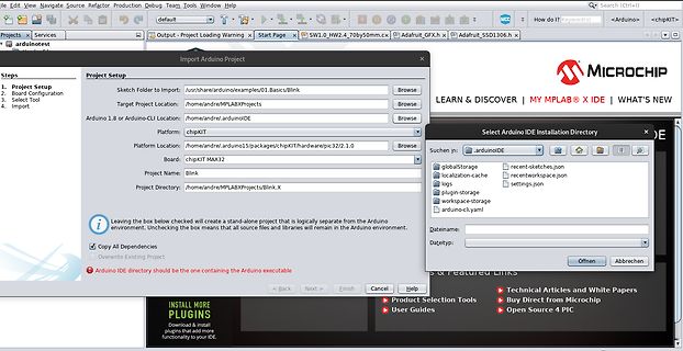 Screenshot der MPLAB X IDE mit Arduino Projekt-Setup