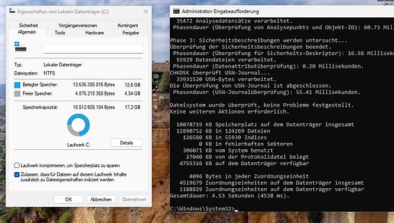 Windows Eigenschaften eines lokalen Datenträgers und CHKDSK Ausgabe