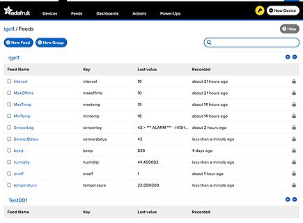 Screenshot einer Adafruit IO Daten-Feed-Übersicht