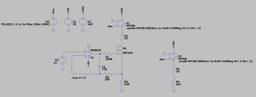 Schaltplan einer MOSFET-Treiberbeschaltung mit AD8628