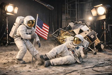 Filmset mit Astronauten und US-Flagge