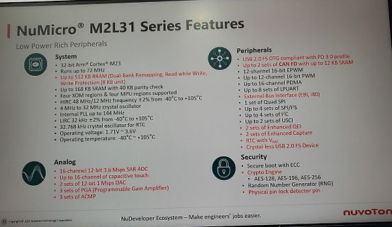 Abfotografierte Präsentation der NuMicro M2L31 Series Features