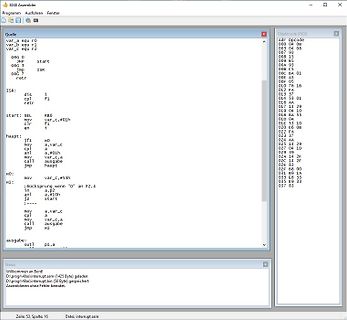 Screenshot eines Assembler-Programms und Hex-Codes
