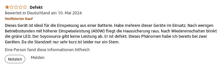 Amazon Kundenrezension zu einem defekten Gerät