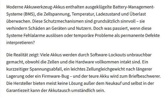 Text über Battery-Management-Systeme und Software-Lockouts bei Akkus