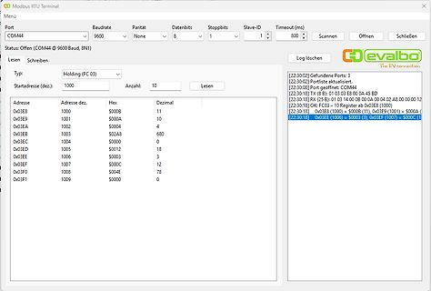 Modbus RTU Terminal Software mit Registerdaten
