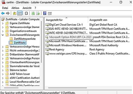 Windows Explorer Fenster mit Zertifikaten