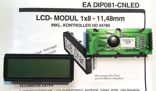 LCD-Modul und Leiterplatte auf Datenblattseite