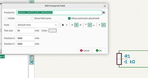 Dialogfenster zur Bearbeitung eines Footprint-Feldes in einer EDA-Software