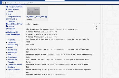 Screenshot eines Forenbeitrags über MOSFET-Schaltungen