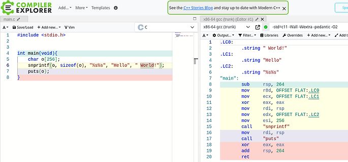 C-Code und x86-64 Assembly in Compiler Explorer