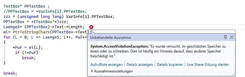 Programmcode mit Fehlermeldung System.AccessViolationException