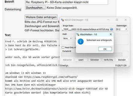 Screenshot eines Forenbeitrags und Win32 Disk Imager Fensters