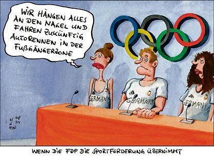 Karikatur von Sportlern vor olympischen Ringen