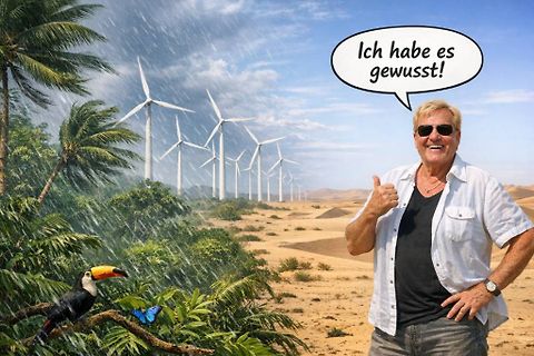Meme mit Mann vor Windrädern und Tukan