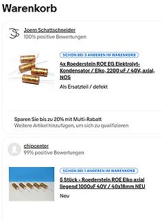 Screenshot eines Online-Warenkorbs mit Elektrolytkondensatoren