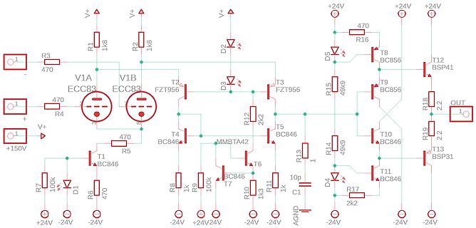 Schaltplan einer Röhren-Transistor-Stufe