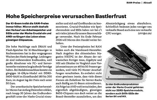 Zeitungsartikel über steigende RAM-Preise