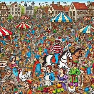Illustration eines belebten mittelalterlichen Marktplatzes