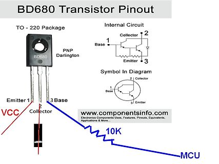 Pinout und Schaltplan BD680 PNP Darlington Transistor