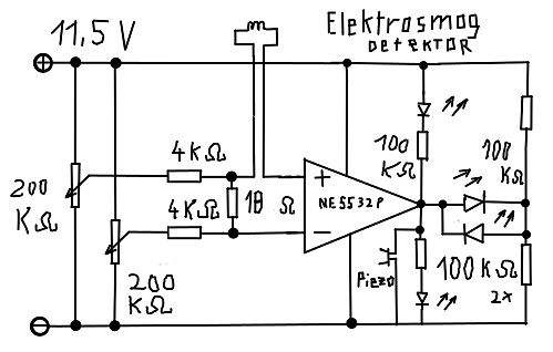 Handgezeichneter Schaltplan eines Elektrosmog-Detektors