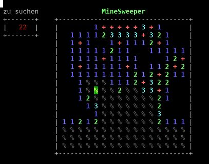 ASCII-Art Minesweeper Spiel auf schwarzem Hintergrund