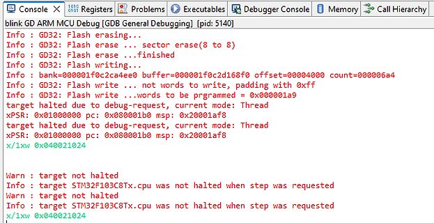 GDB Debugger Konsole Fehlermeldung STM32F103C8Tx