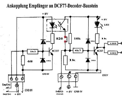 Schaltplan zur Ankopplung eines Empfängers an einen DCF77-Decoder