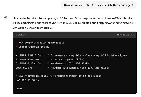 ChatGPT Antwort mit SPICE-Netzliste für RC-Tiefpass