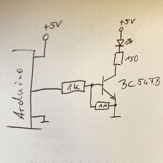 Handgezeichneter Schaltplan mit Arduino und Transistor