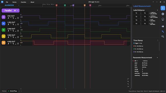 Screenshot eines Logikanalysators mit digitalen Signalen