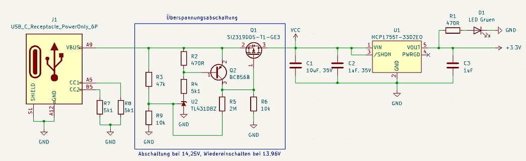Schaltplan einer Überspannungsabschaltung mit USB-C