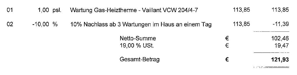 Auszug einer Rechnung für eine Heizthermenwartung