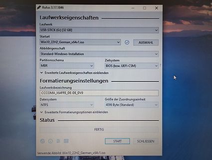 Rufus Programmfenster zur Erstellung eines bootfähigen USB-Sticks