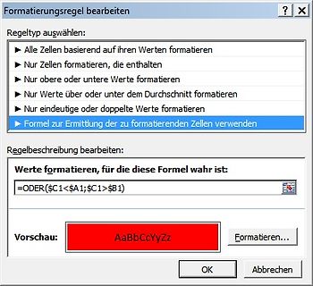 Dialogfenster zur Bearbeitung einer bedingten Formatierungsregel