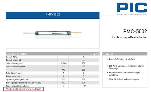 Datenblatt eines Hochleistungs-Reedschalters PMC-5002