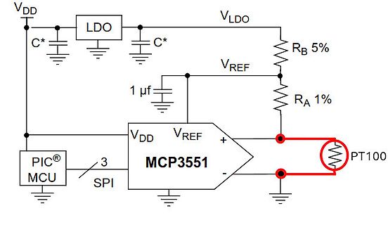 Schaltplan einer Temperaturmessung mit PT100 und MCP3551