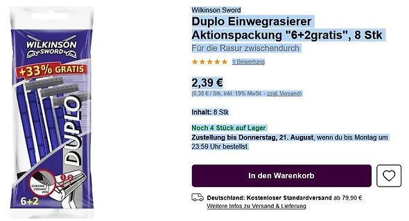 Amazon Produktseite Wilkinson Sword Rasierklingen