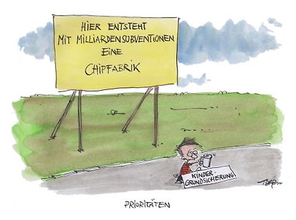 Karikatur über Subventionen für Chipfabriken und Kindergrundsicherung