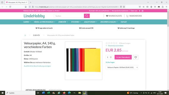 Webseite von LindeHobby mit Velourpapier