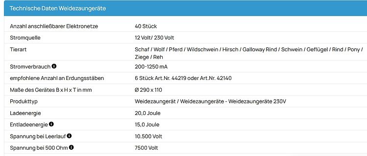 Technische Daten Weidezaungeräte Tabelle