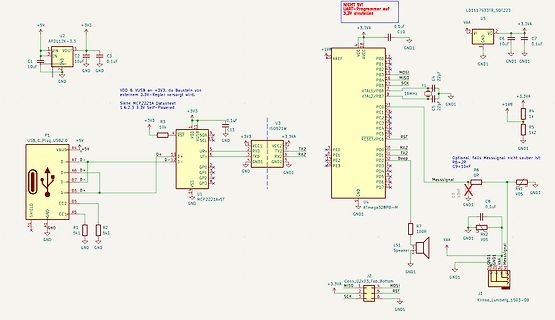 Schaltplan eines Mikrocontroller-basierten Systems mit USB-Anschluss