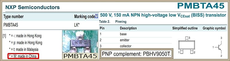 Datenblatt Ausschnitt NXP PMBTA45 Transistor
