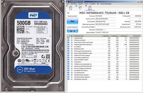 Western Digital Festplatte und CrystalDiskInfo Screenshot