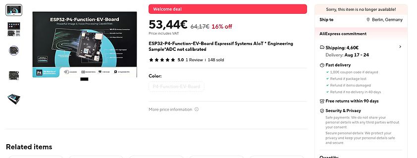Screenshot eines AliExpress-Produktangebots für ESP32-P4-Entwicklungsboard