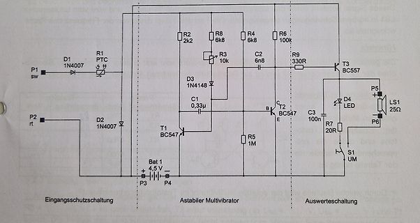 Schaltplan eines astabilen Multivibrators mit Auswerteschaltung