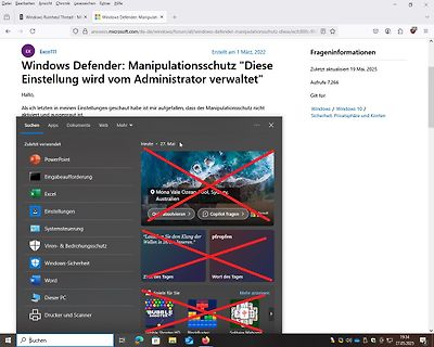 Screenshot eines Microsoft Forum-Beitrags zu Windows Defender