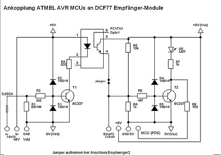 Schaltplan zur Ankopplung von AVR MCUs an DCF77 Empfänger-Module