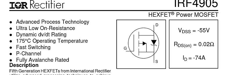 Datenblatt-Ausschnitt eines IRF4905 P-Channel MOSFETs